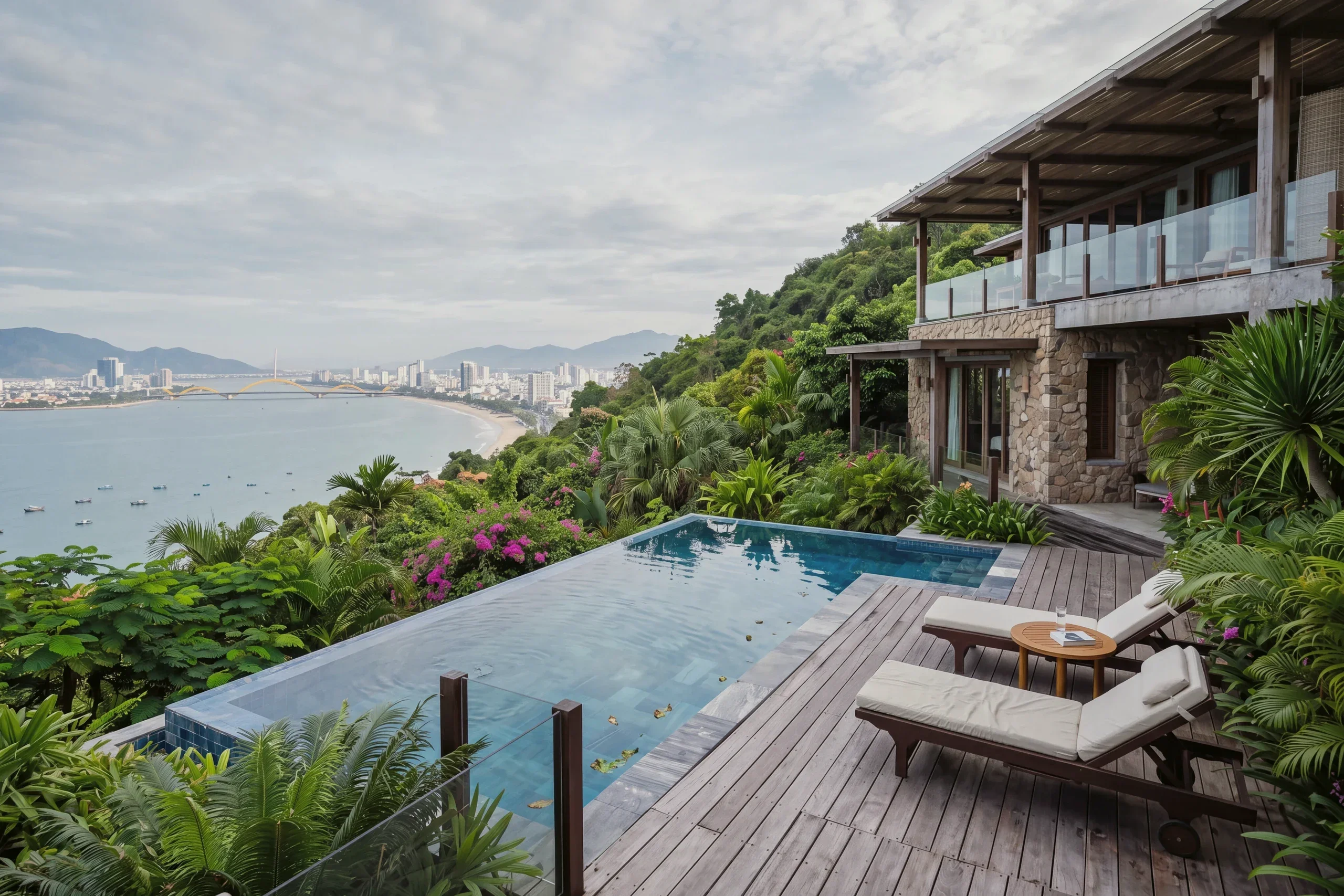 A hillside home with a pool above the bay in Da Nang