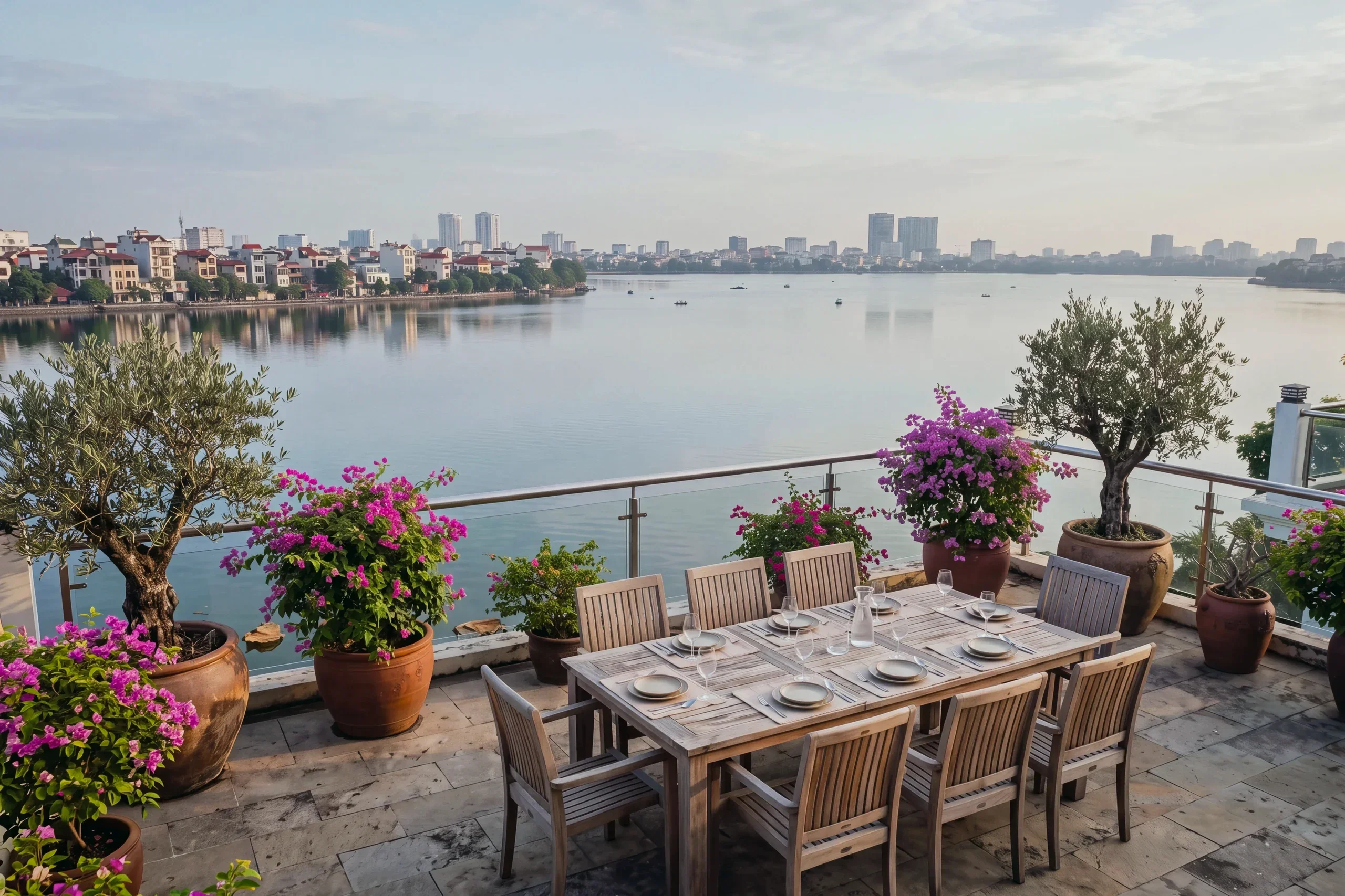 Morning over West Lake in Hanoi, from a rooftop terrace