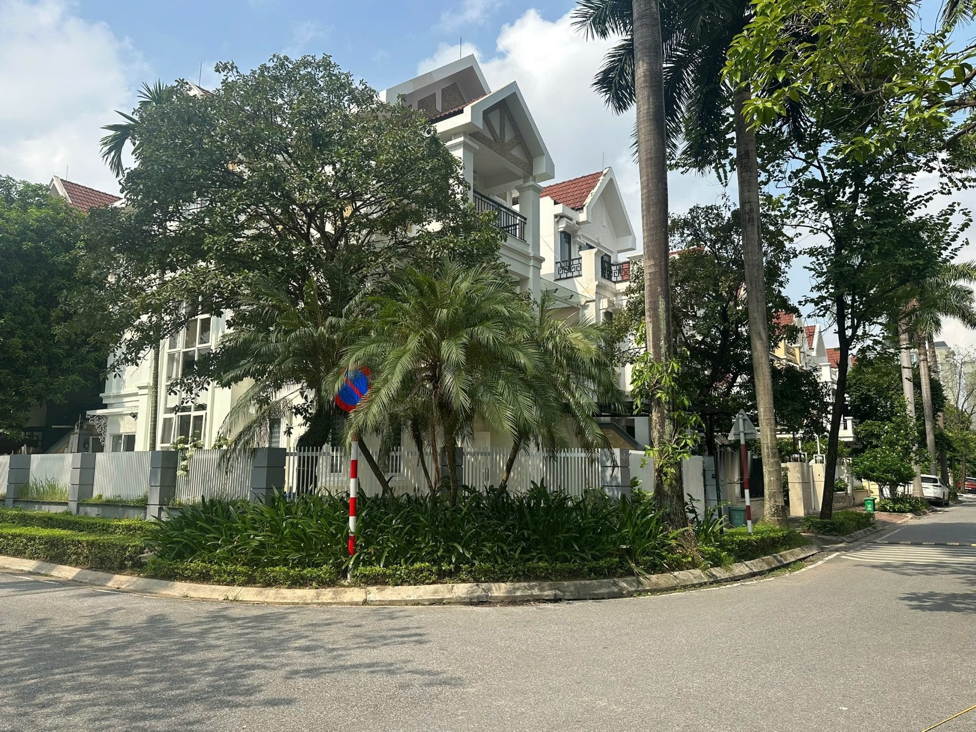 A white three-storey villa behind a low fence, palms and tall trees on a quiet street corner