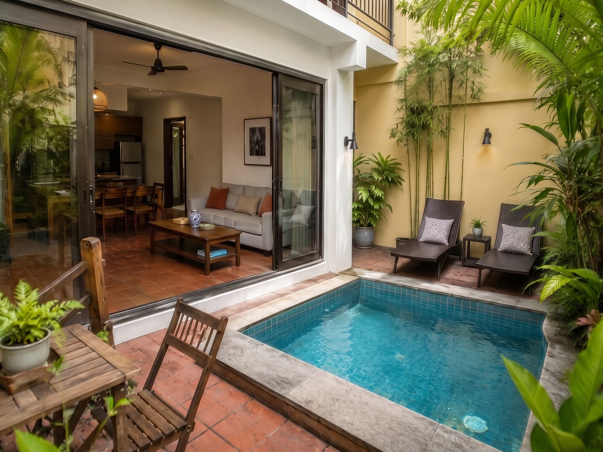 Apartment with a small courtyard pool, terracotta tiles, deck chairs and tropical plants outside open glass doors