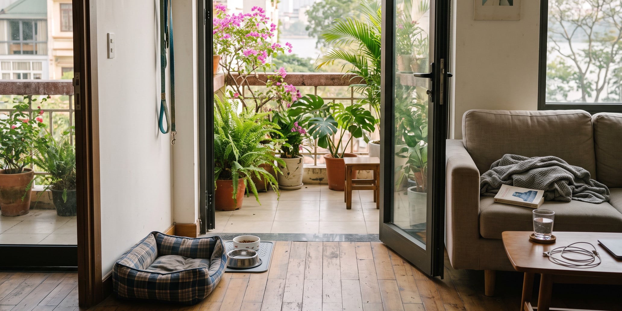 Open balcony door with potted plants, a tartan dog bed and two bowls on the wooden floor beside a sofa