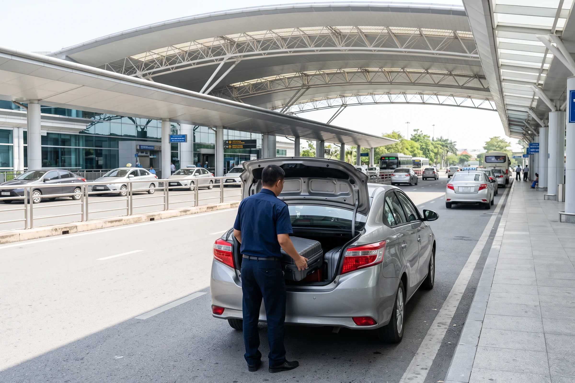 A driver lifting a suitcase into a car boot at an airport arrivals kerb
