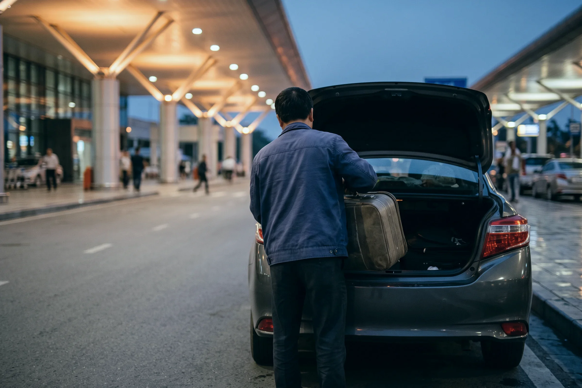 A driver loading a suitcase into a car boot at an airport kerb at dusk