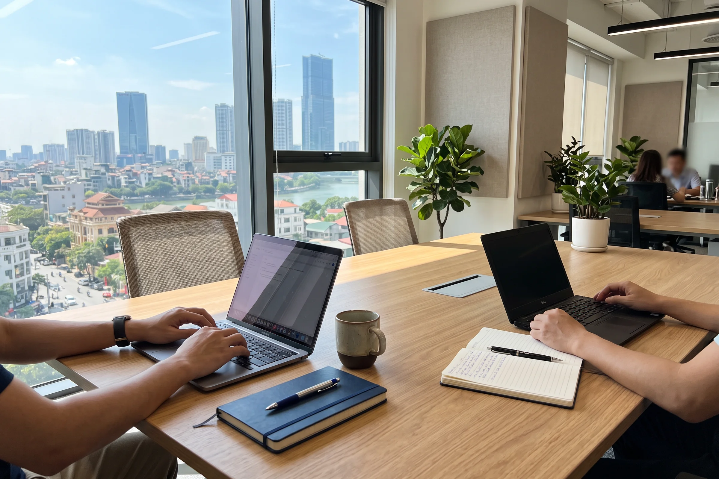 Two people's hands at laptops on a meeting table, the city skyline through the window
