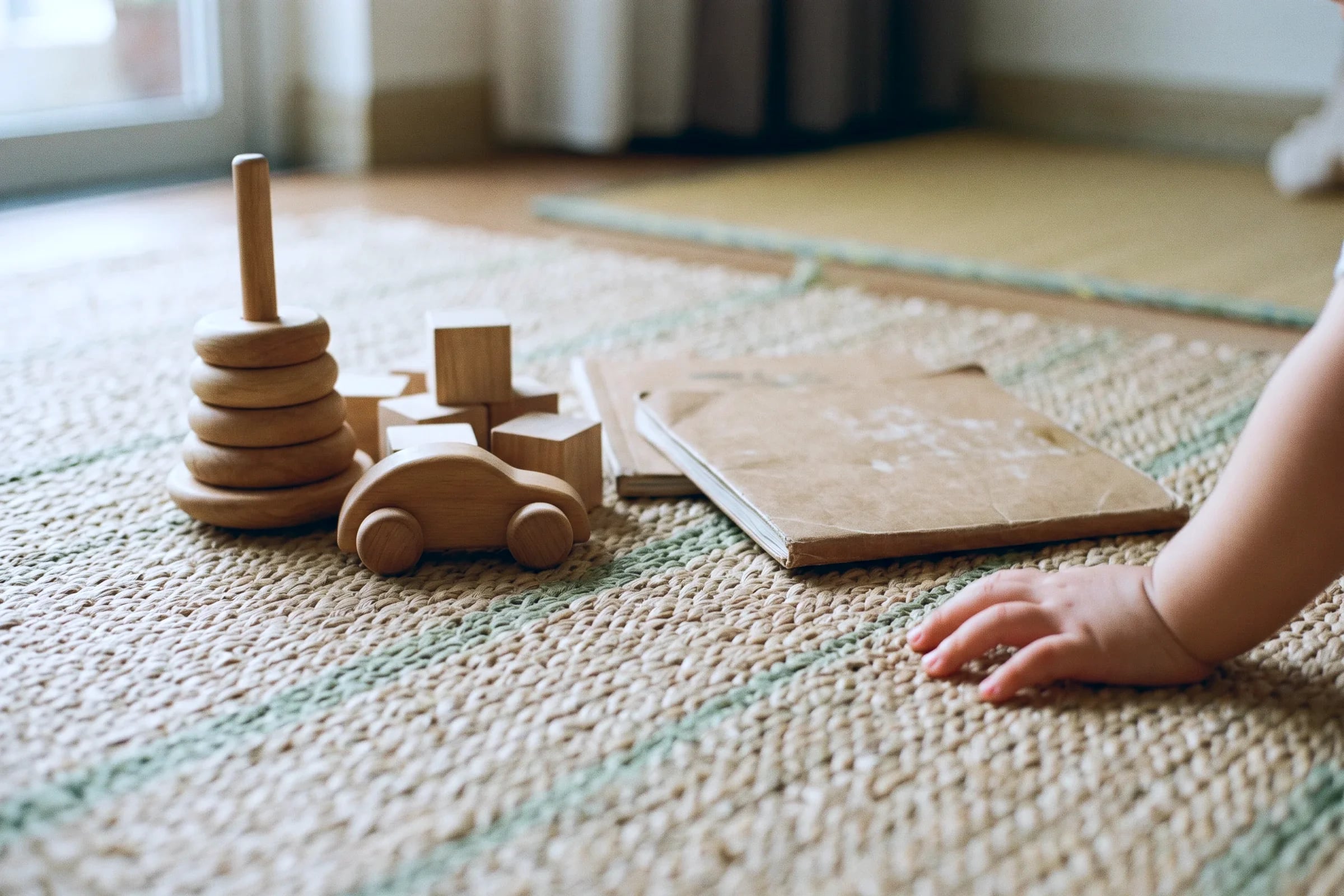 Wooden toys on a woven rug, a small hand reaching in