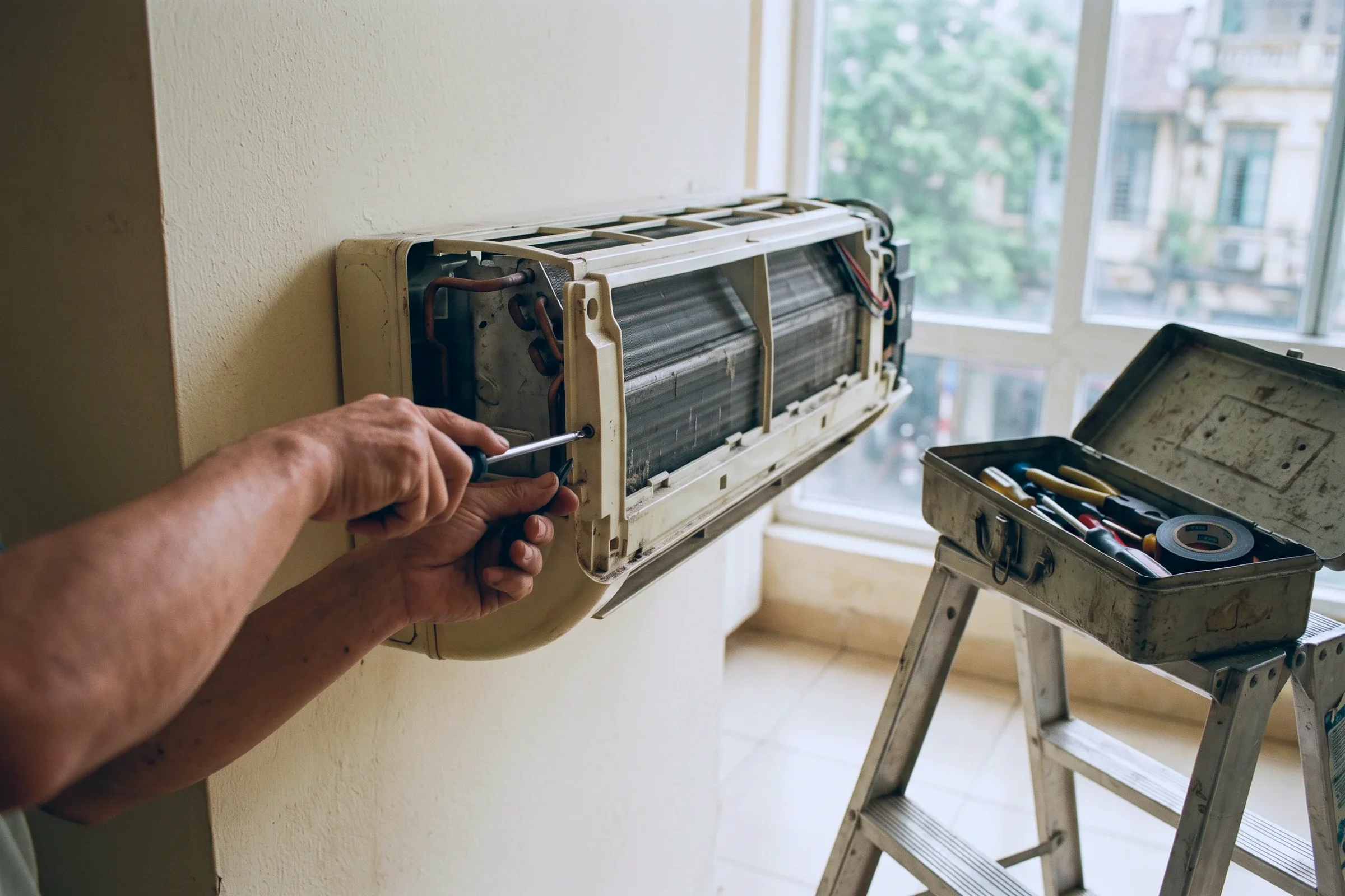 Hands with a screwdriver at an open air-conditioning unit, a toolbox on a ladder
