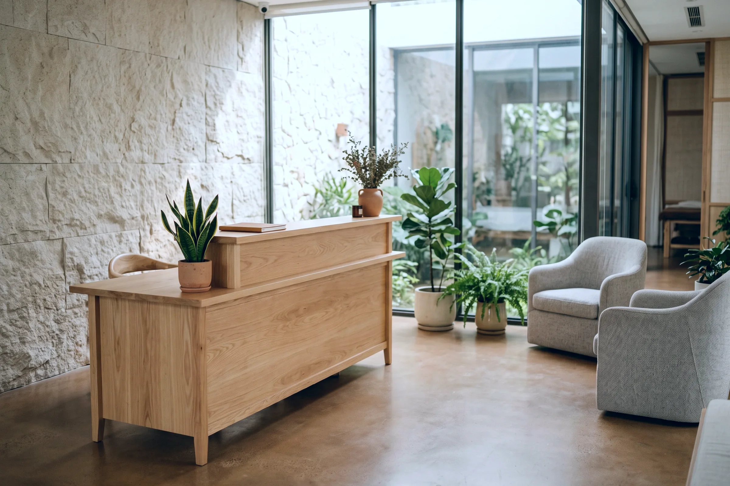 A calm clinic reception with a timber desk, plants and armchairs