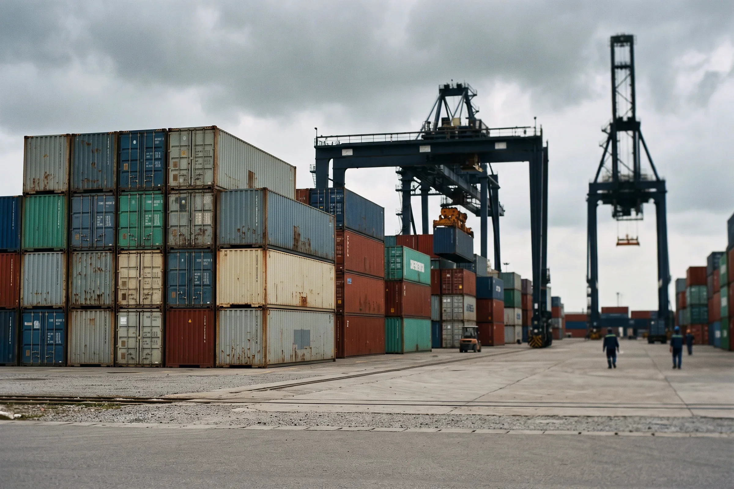 Stacks of shipping containers and cranes at a port under a grey sky