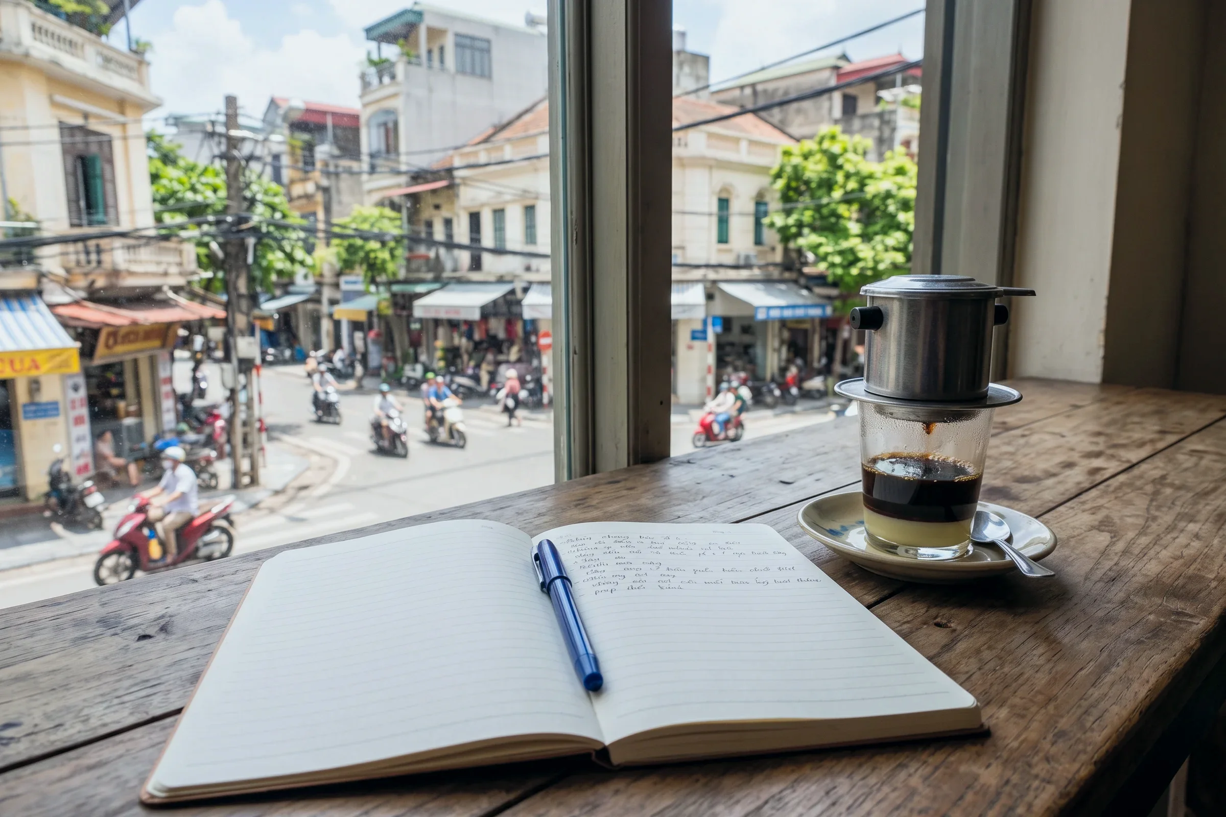An open notebook and a drip coffee on a café table above a busy street