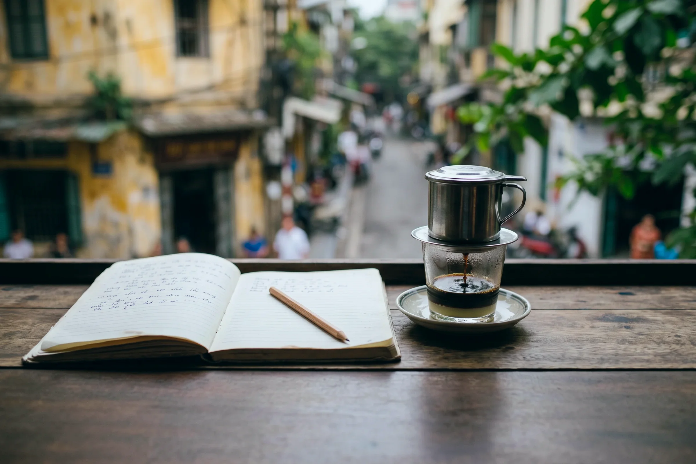 An open notebook and a drip coffee on a café table above a busy street