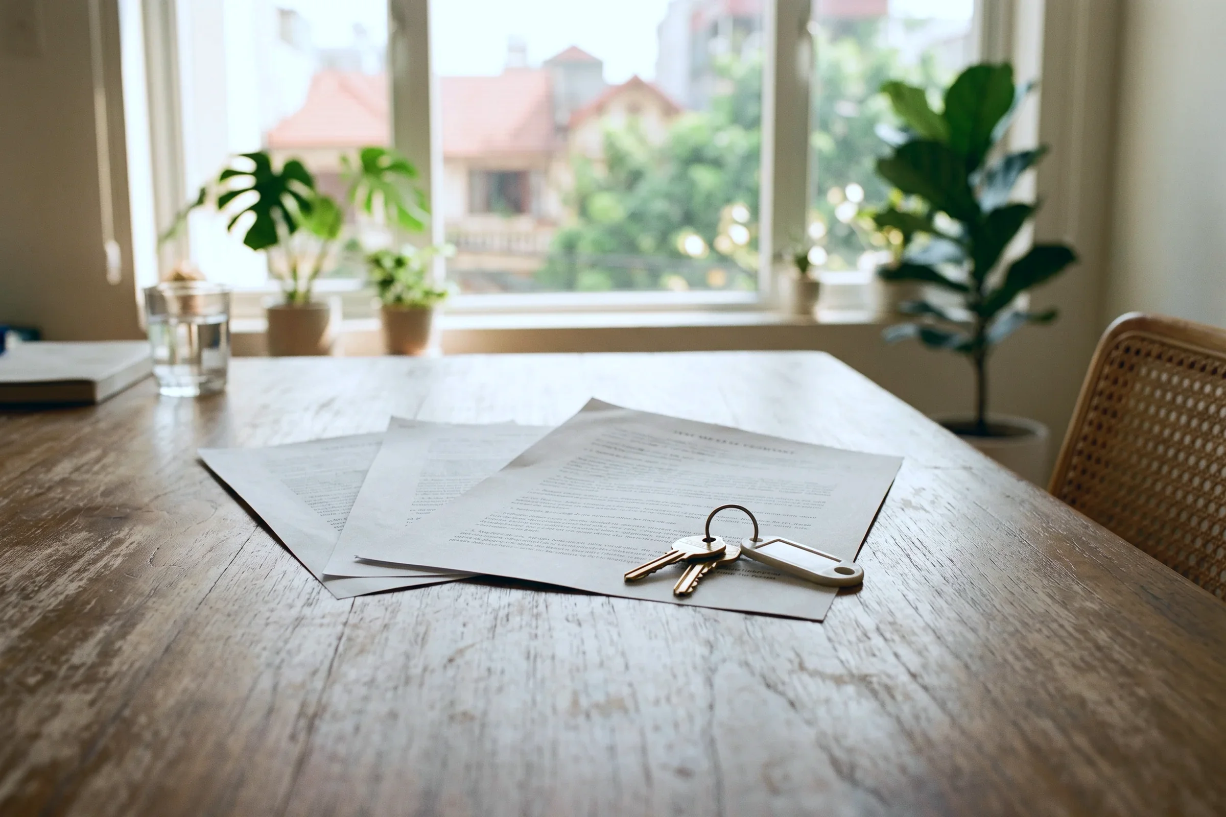 Papers and a set of keys on a dining table in a bright apartment
