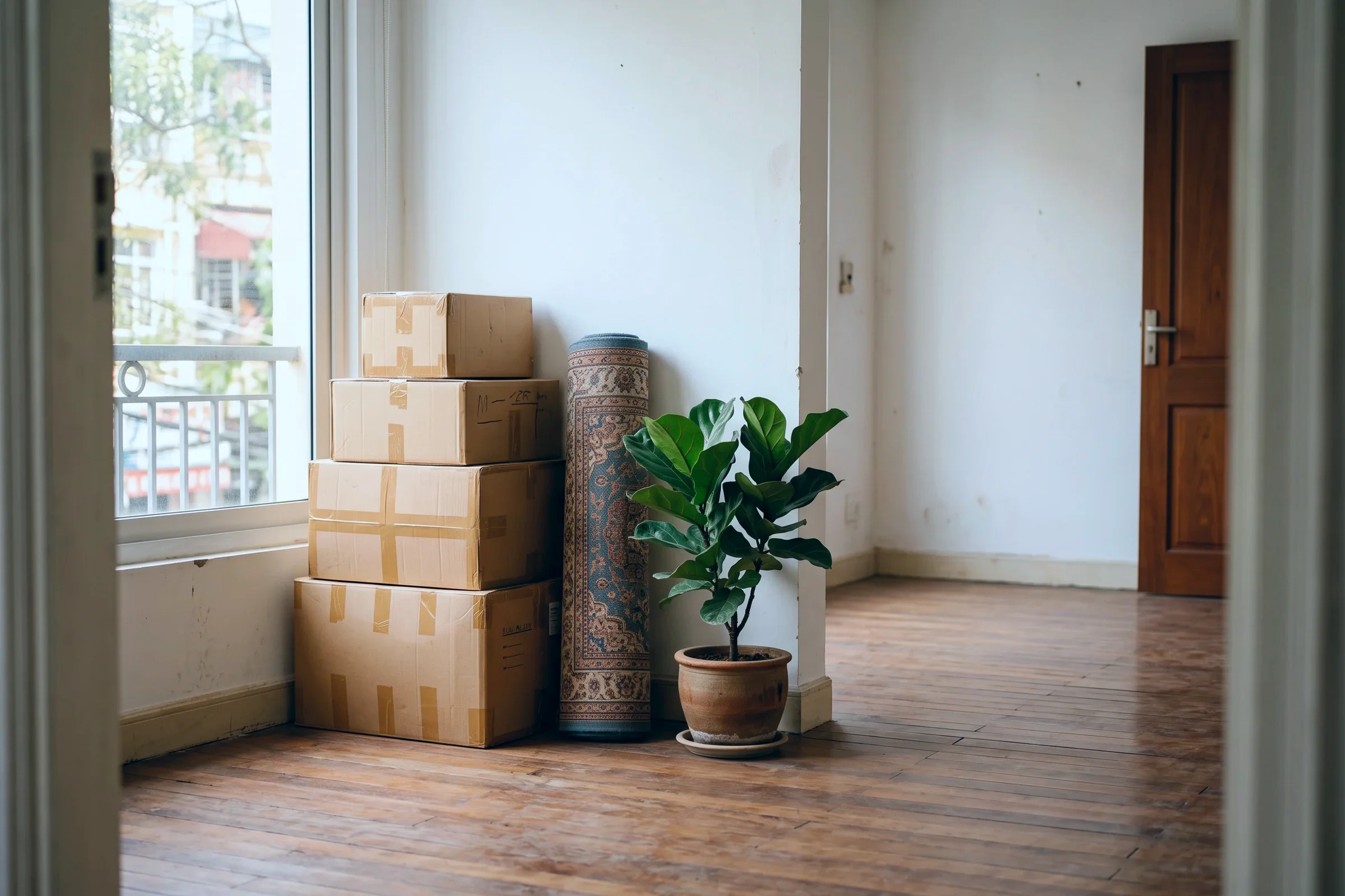 Packed boxes stacked in a bright, empty room with timber floors