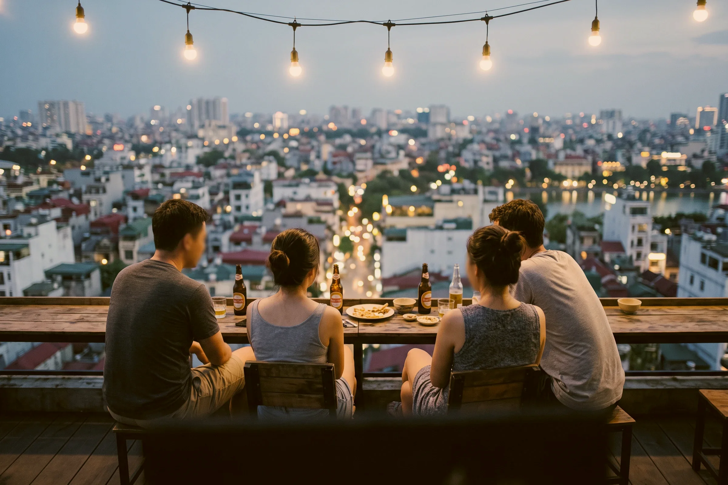 Friends at a rooftop table in the evening under string lights, seen from behind