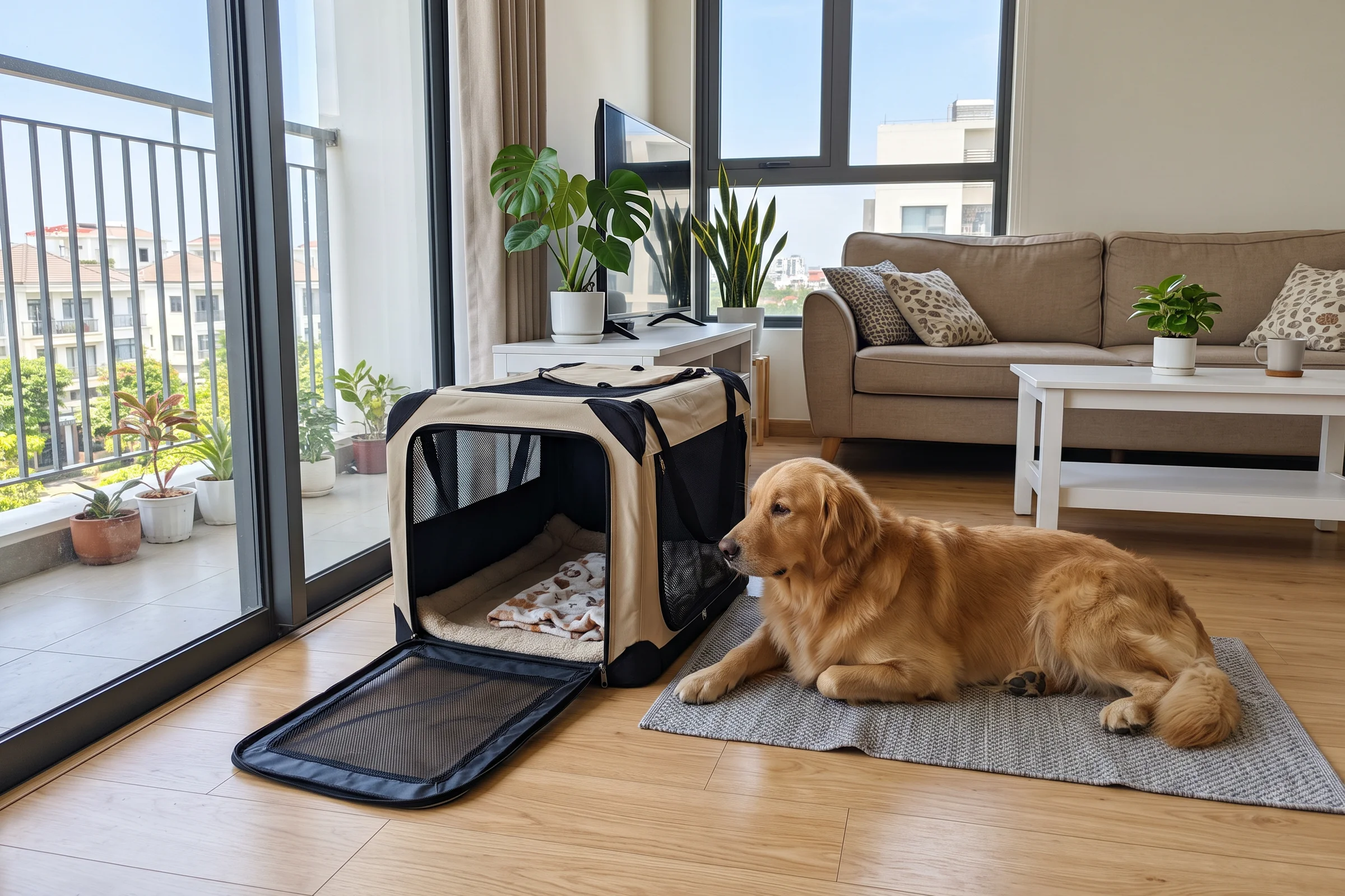 A golden dog lying beside an open travel crate in a sunny living room