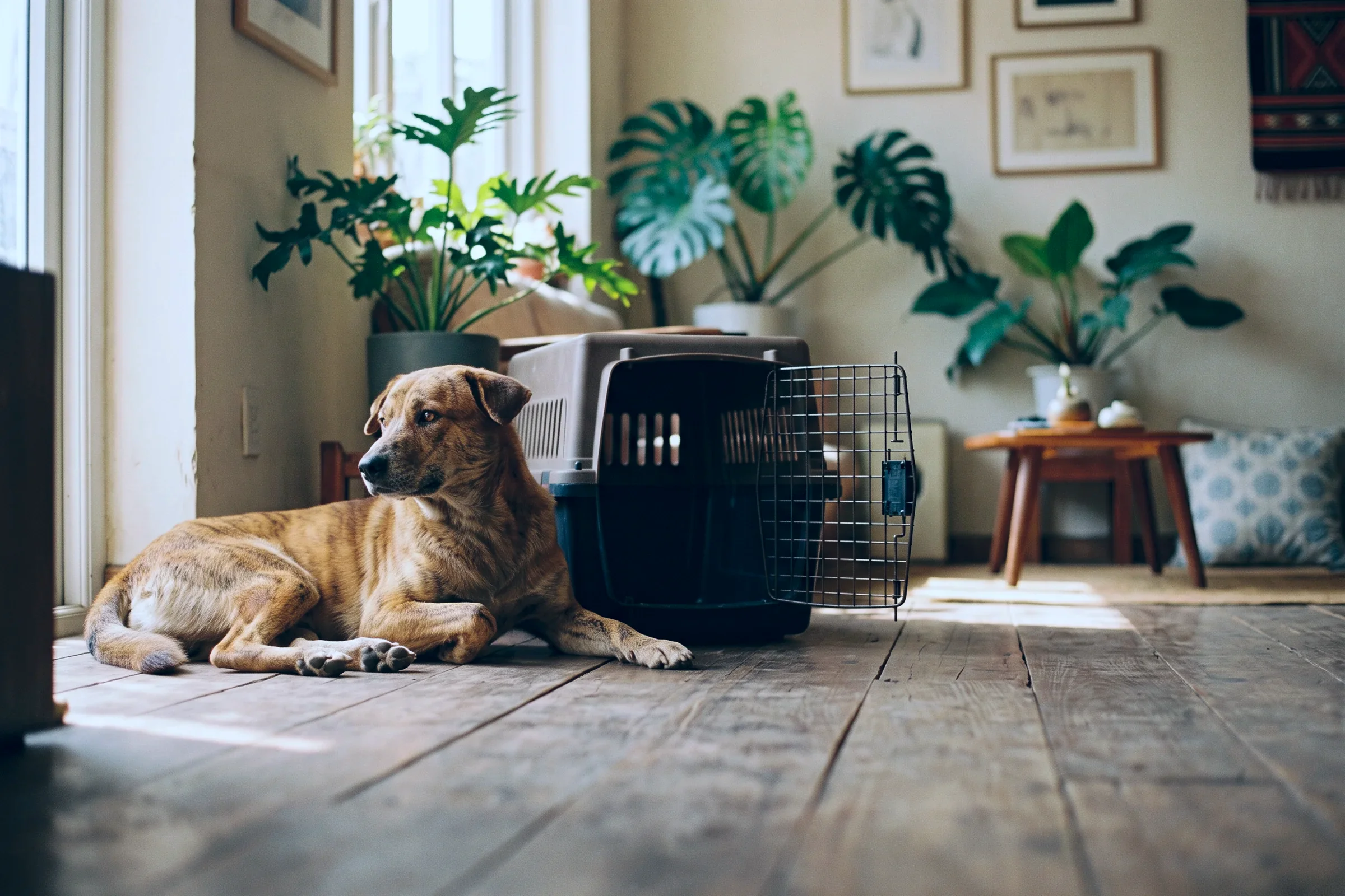 A dog resting beside an open travel crate in a sunny living room