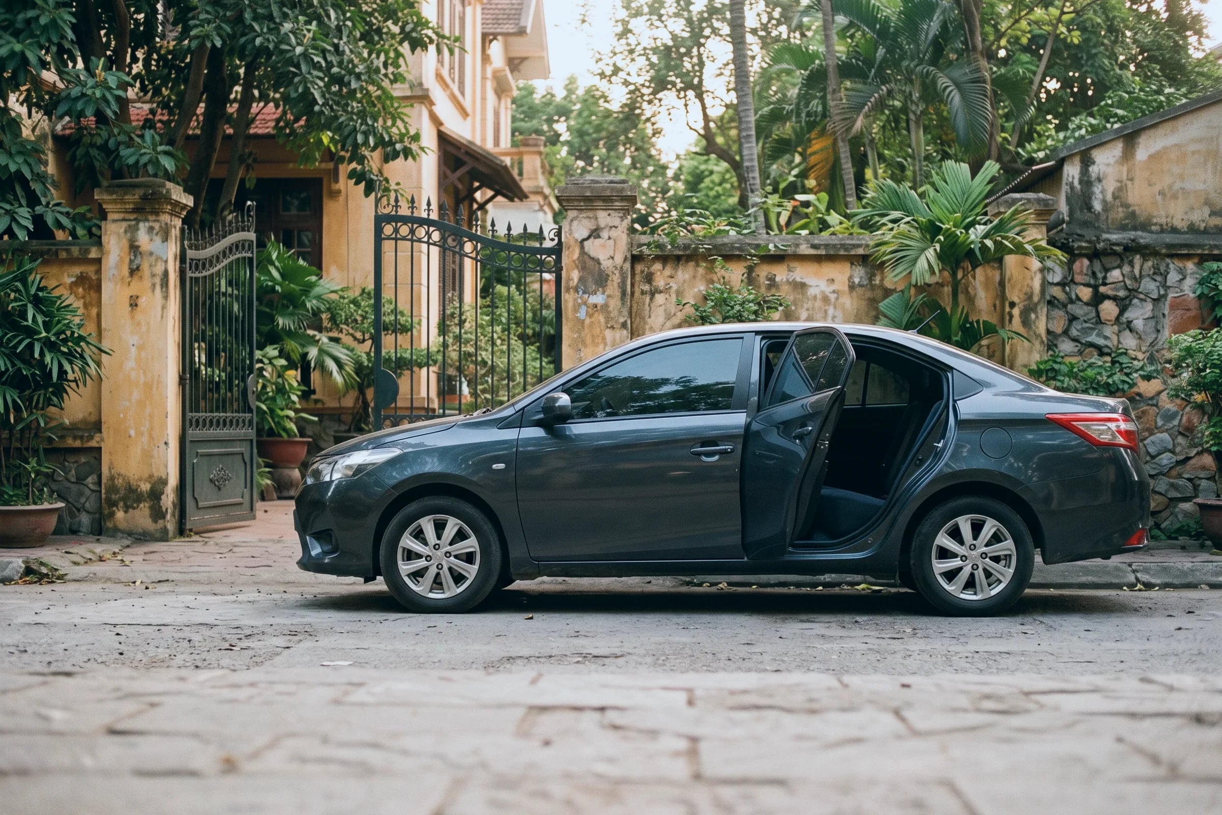 A dark car with its door open, waiting at a villa gate