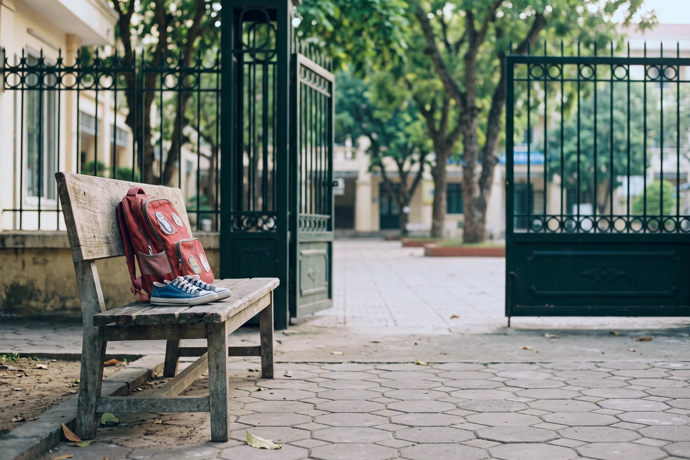 A backpack and small shoes on a bench by a school gate