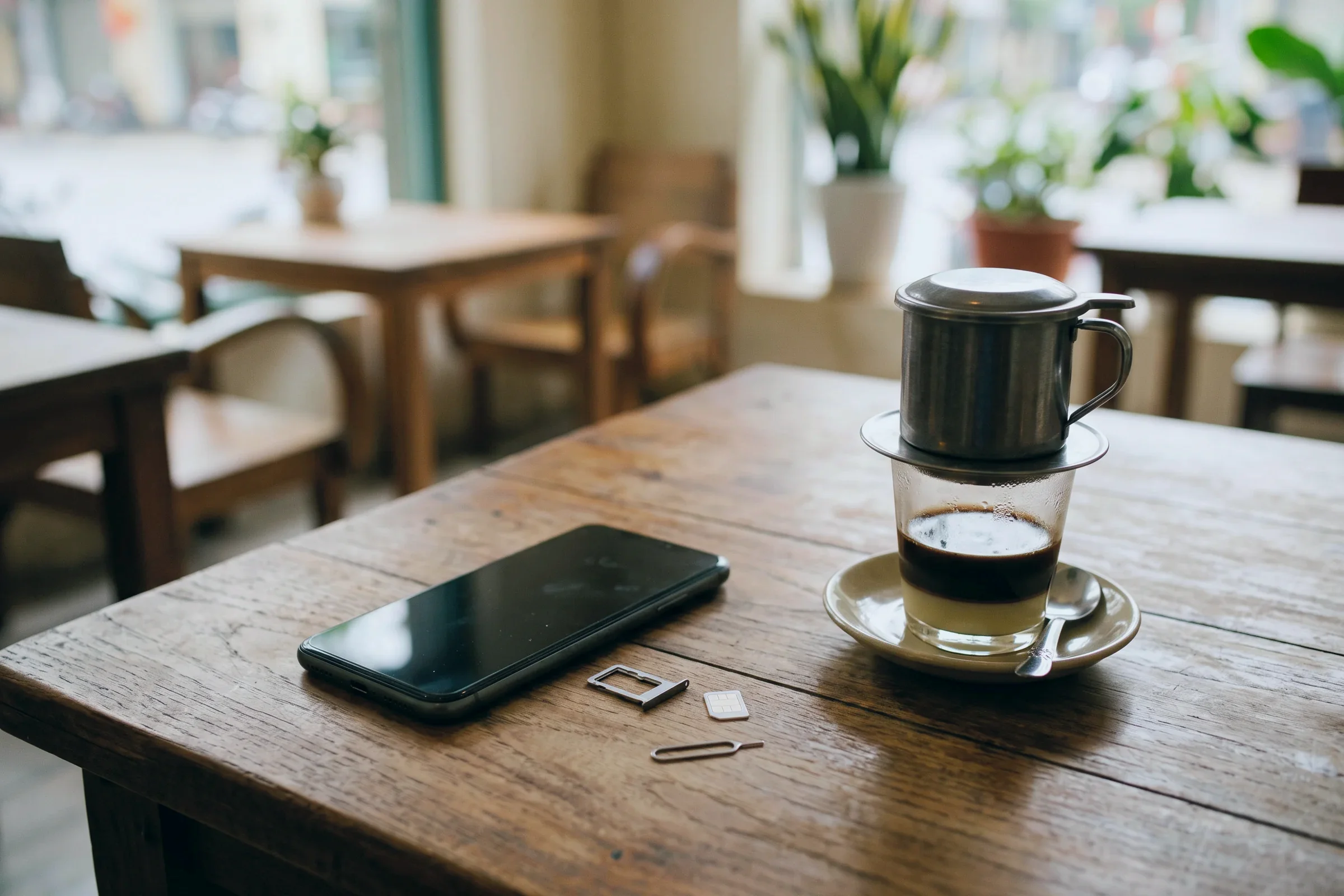 A phone and a SIM card tray on a café table beside a drip coffee