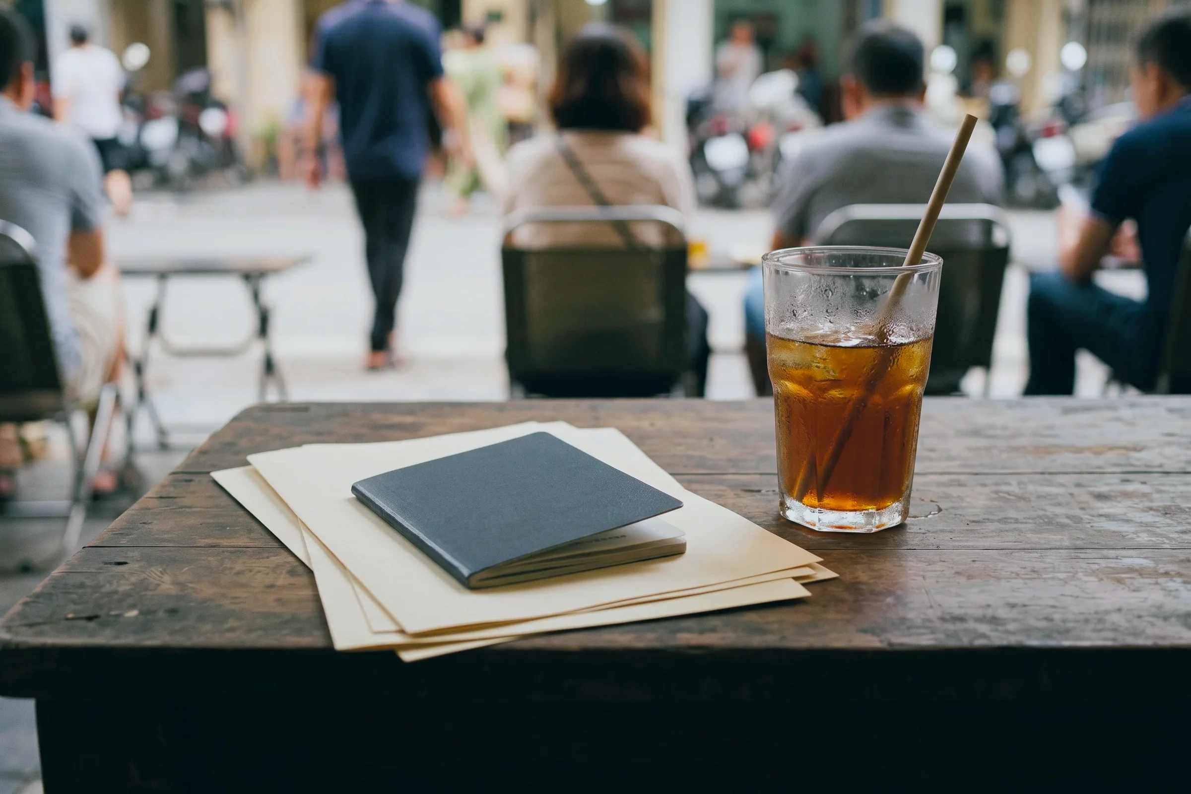 A closed passport on blank forms beside a glass of iced tea at a street café