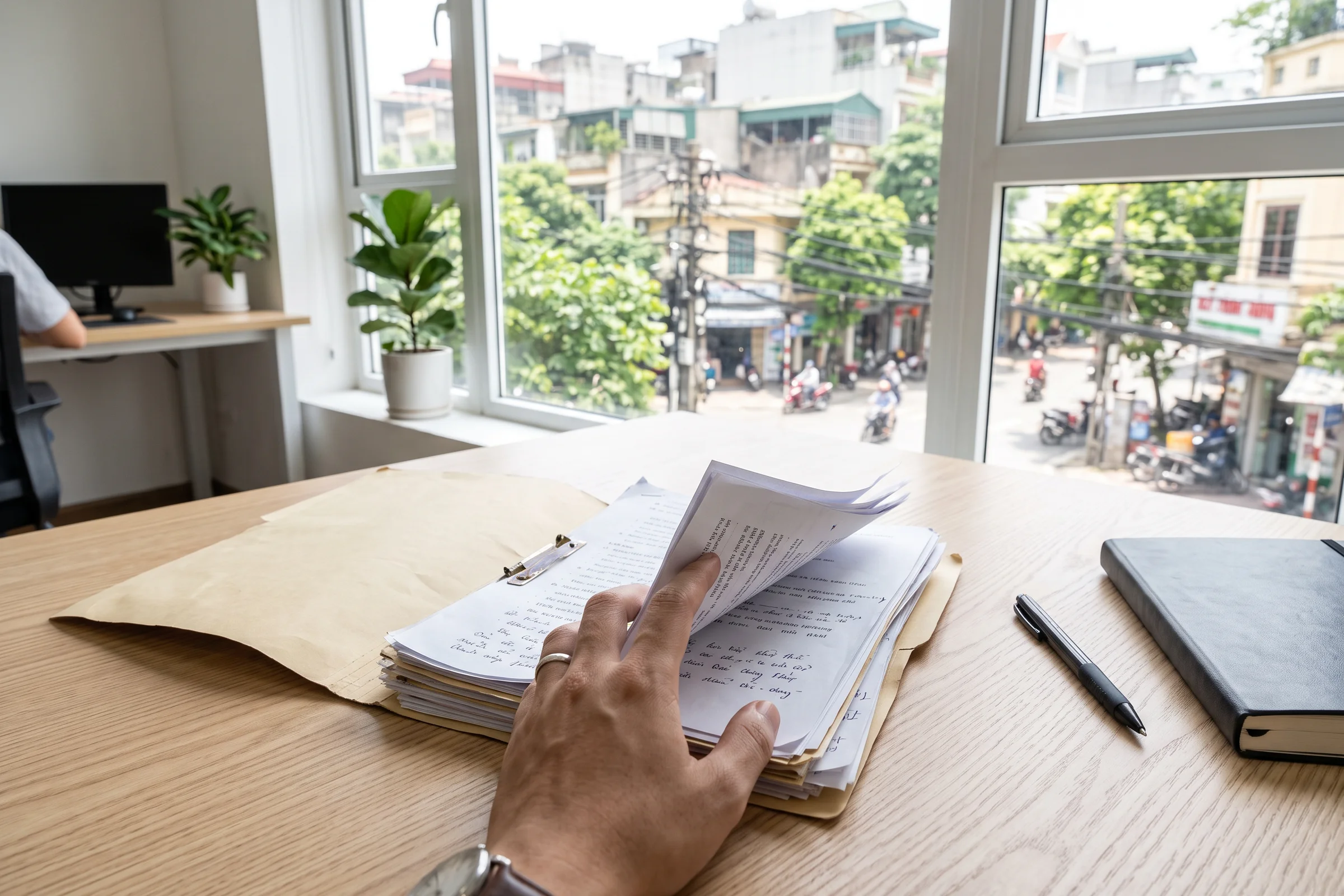 A hand leafing through a folder of papers on a desk by a window over a busy street