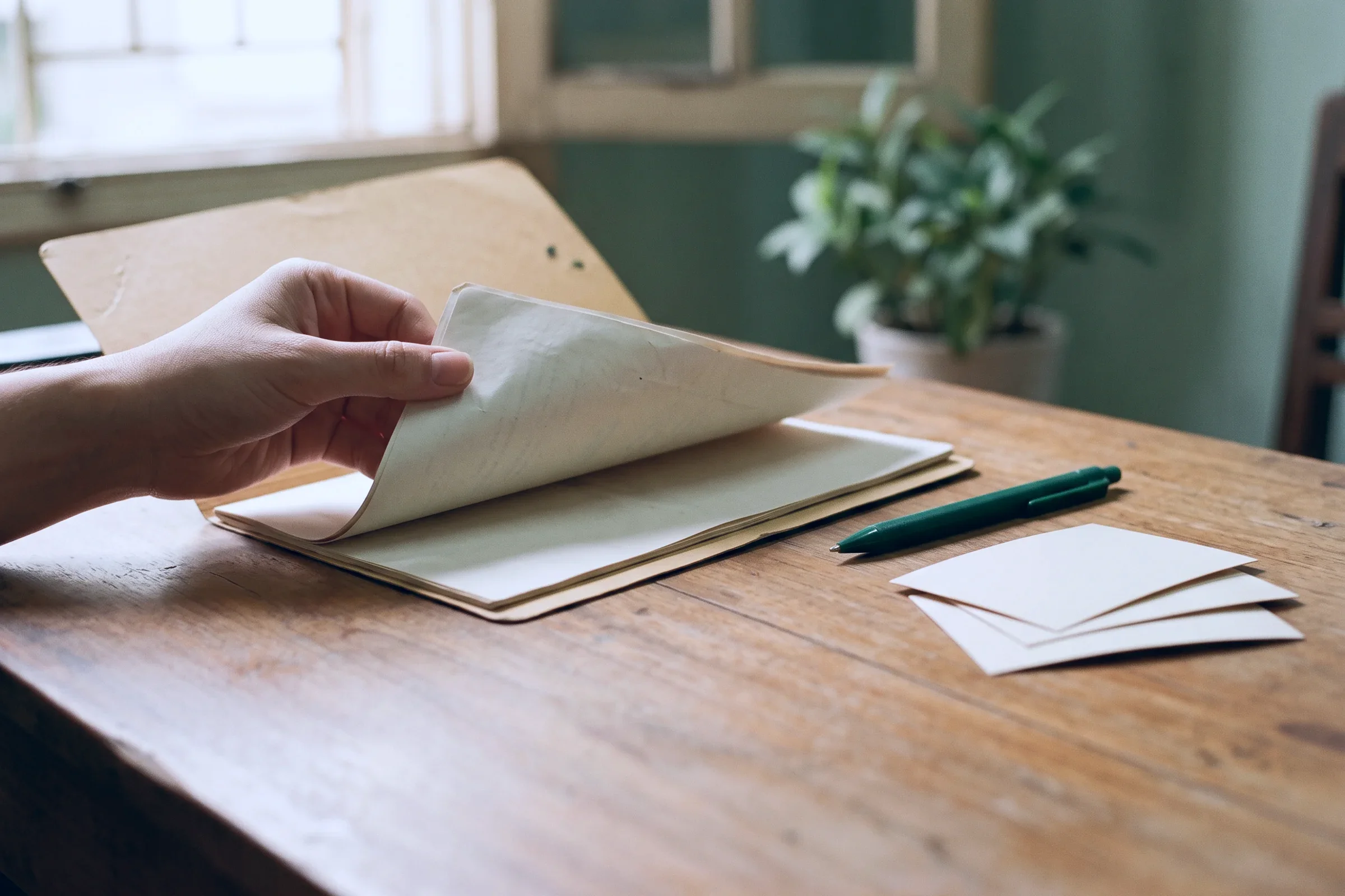A hand turning the pages of a paper folder on a timber desk, with a pen beside it