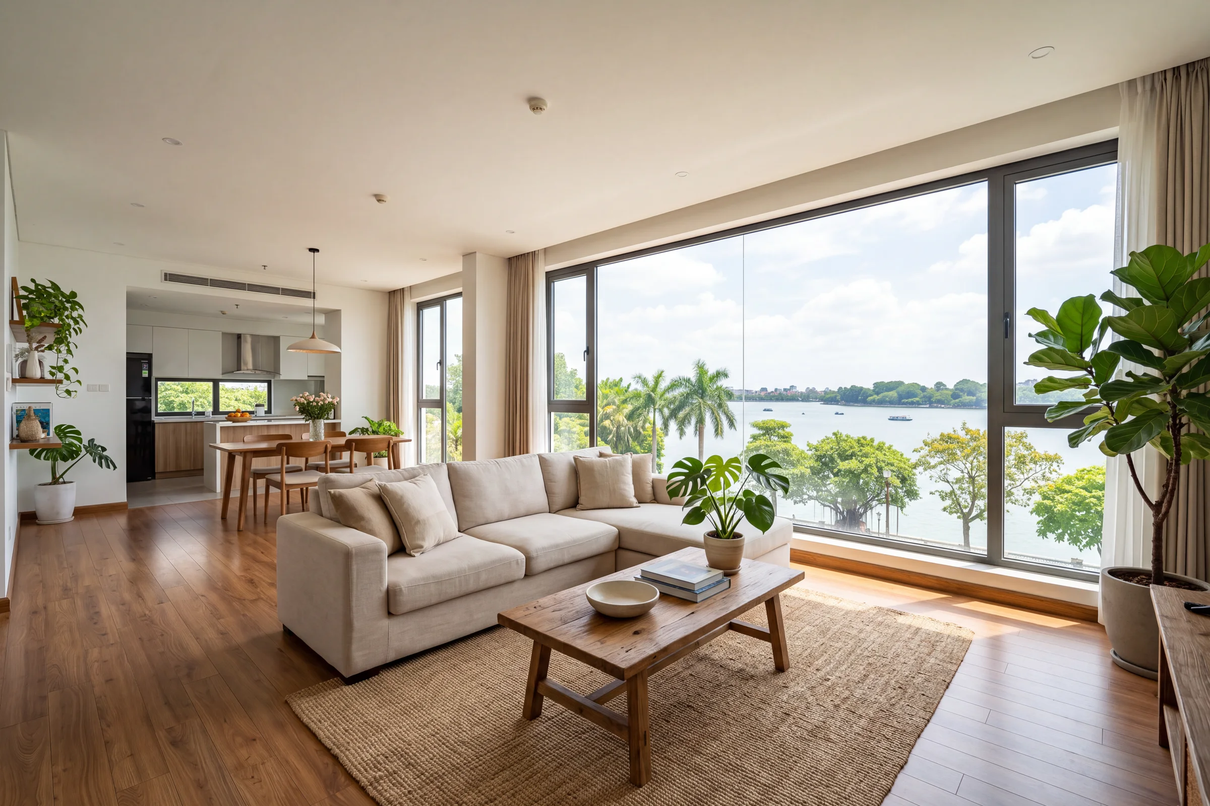 A bright living room with a linen sofa, plants and a wide window over West Lake