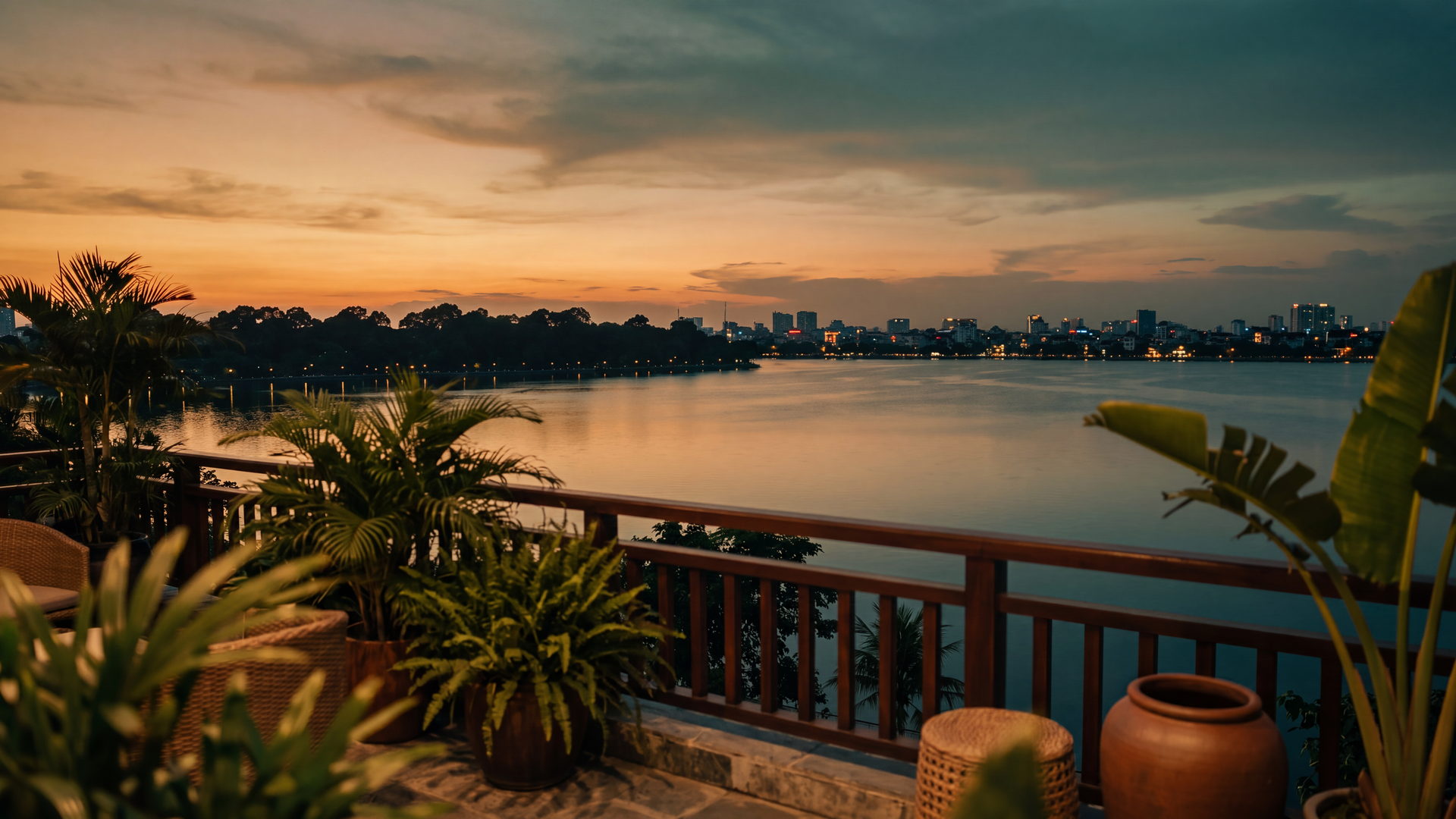 A lakeside district at dusk, low terraces and palms in the foreground and the city skyline across the water